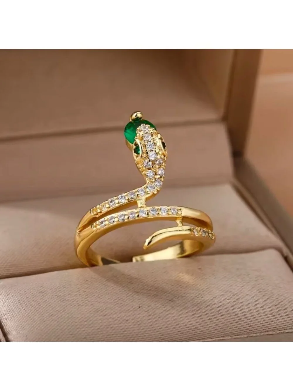 Gold Tone Snake Ring with Emerald Green Gem